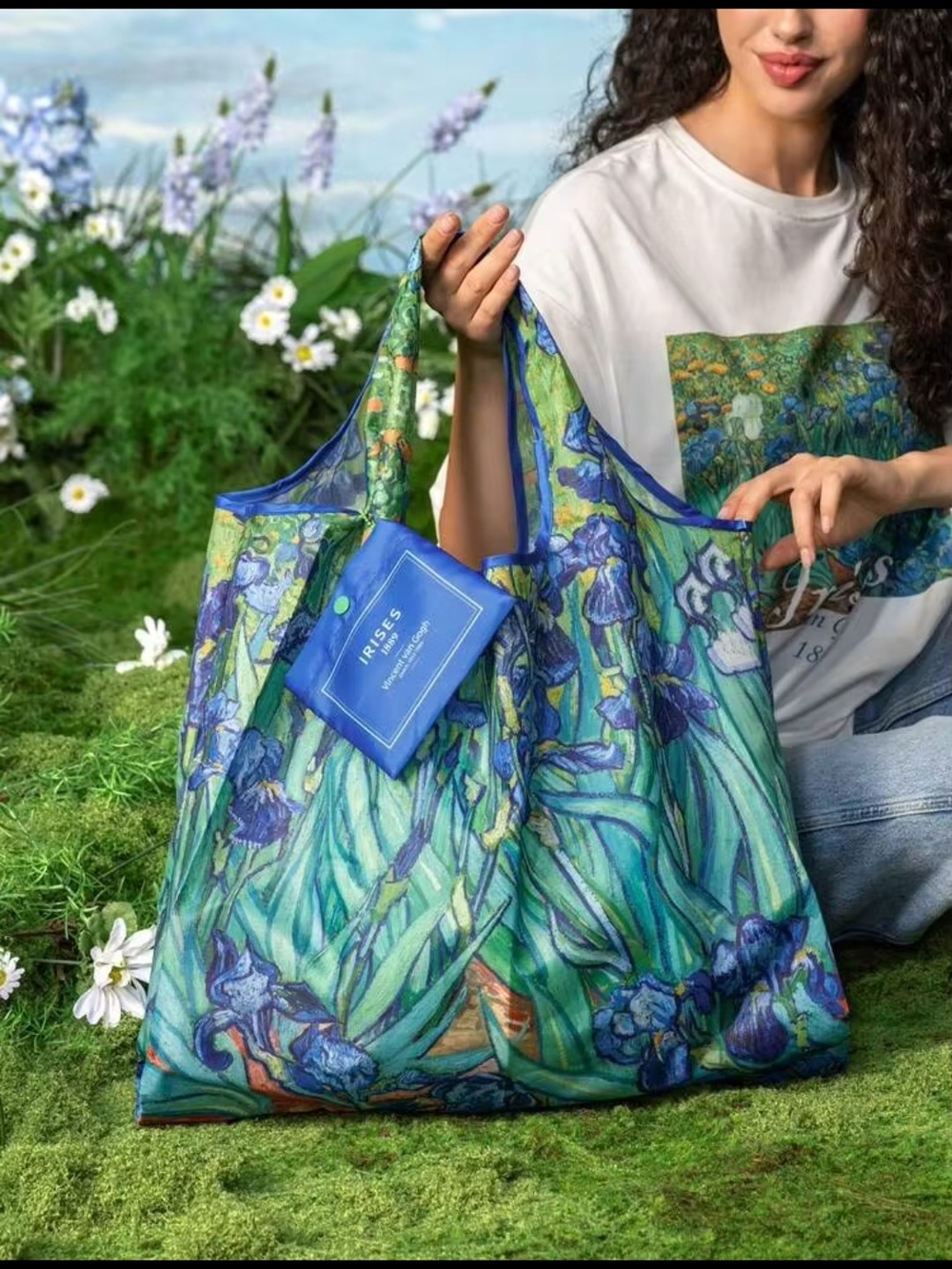 Iris Garden Reusable Tote Bag in Blue and Green